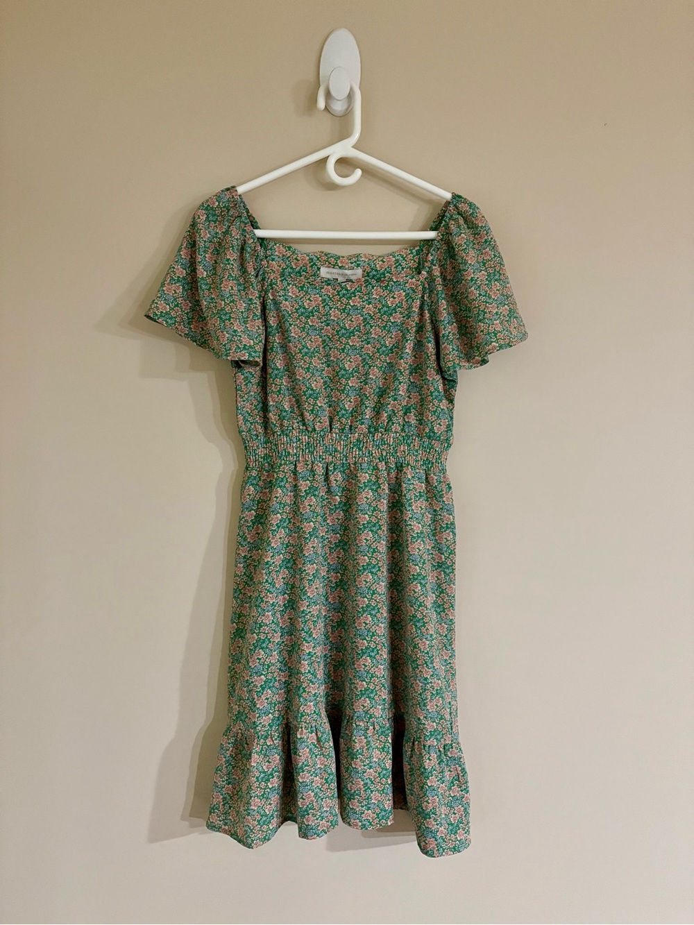 MONTEAU Green Pink Floral Flutter-Sleeve Mini Dress Women’s Large